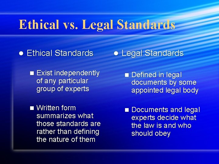 Ethical vs. Legal Standards l Ethical Standards l Legal Standards n Exist independently of