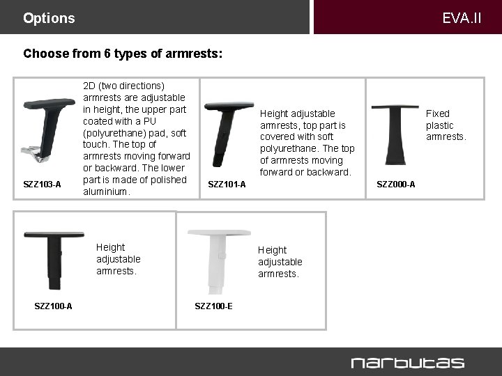 EVA. II Options Choose from 6 types of armrests: SZZ 103 -A 2 D