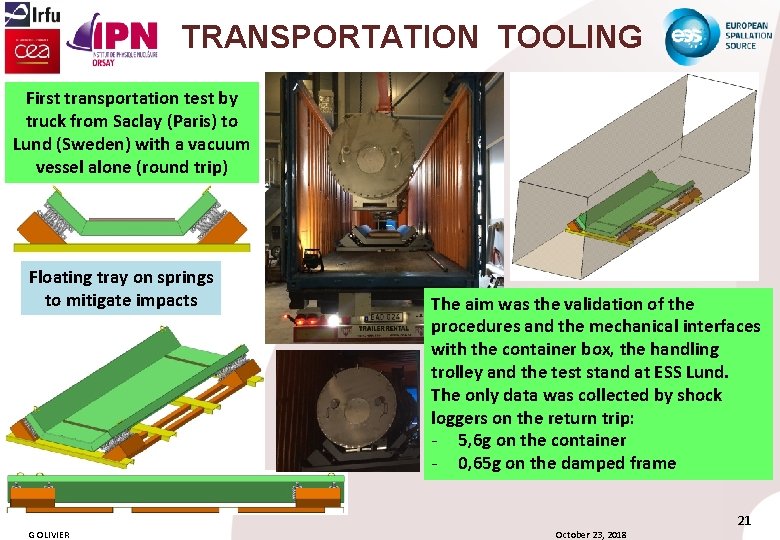 TRANSPORTATION TOOLING First transportation test by truck from Saclay (Paris) to Lund (Sweden) with