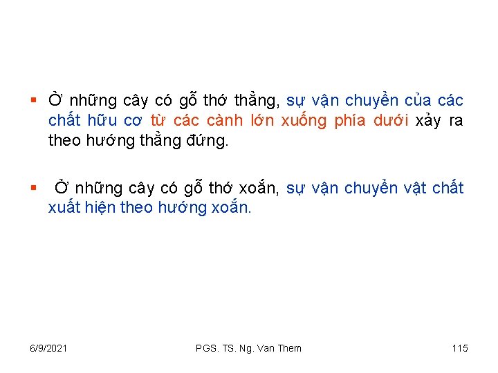 § Ở những cây có gỗ thớ thẳng, sự vận chuyển của các chất