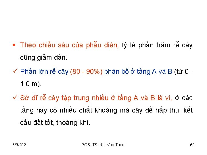 § Theo chiều sâu của phẫu diện, tỷ lệ phần trăm rễ cây cũng