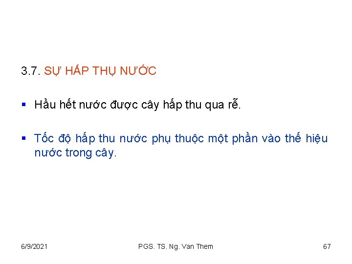 3. 7. SỰ HẤP THỤ NƯỚC § Hầu hết nước được cây hấp thu