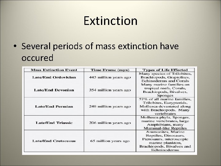Extinction • Several periods of mass extinction have occured 