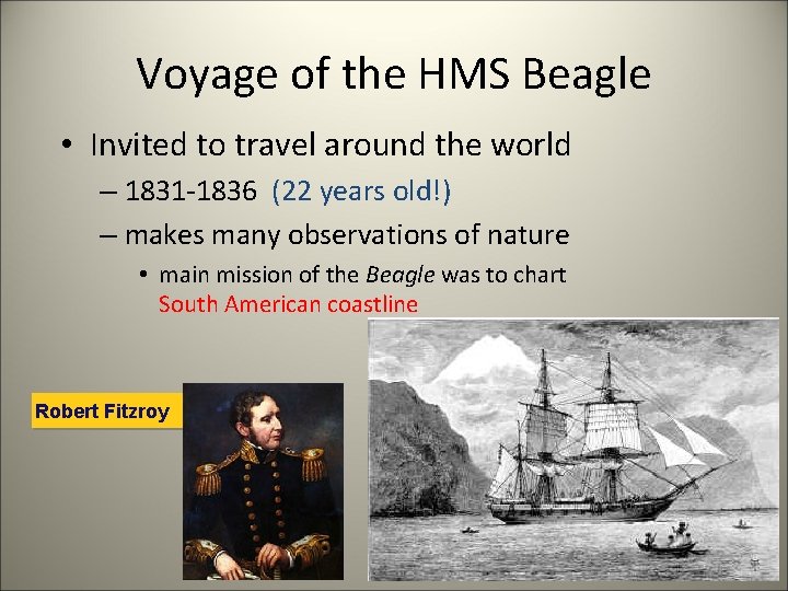 Voyage of the HMS Beagle • Invited to travel around the world – 1831