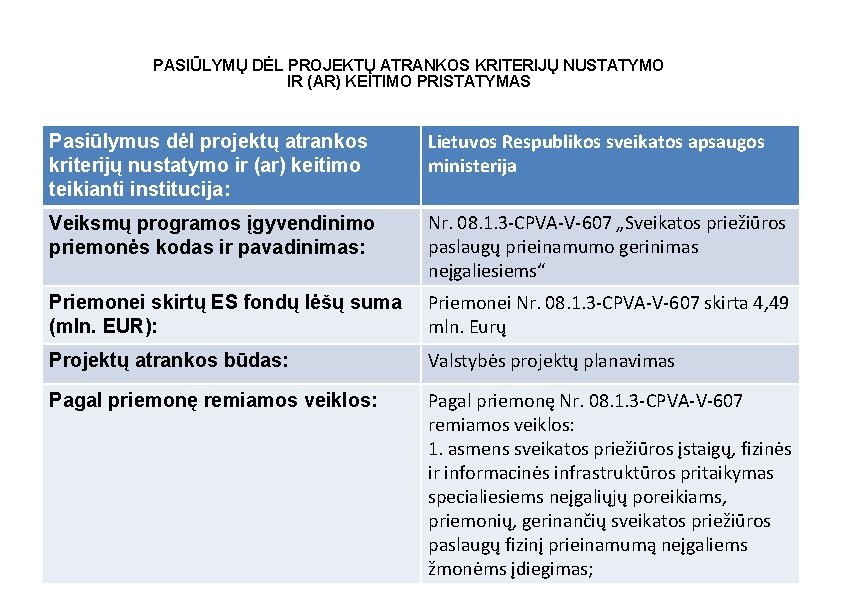 PASIŪLYMŲ DĖL PROJEKTŲ ATRANKOS KRITERIJŲ NUSTATYMO IR (AR) KEITIMO PRISTATYMAS Pasiūlymus dėl projektų atrankos