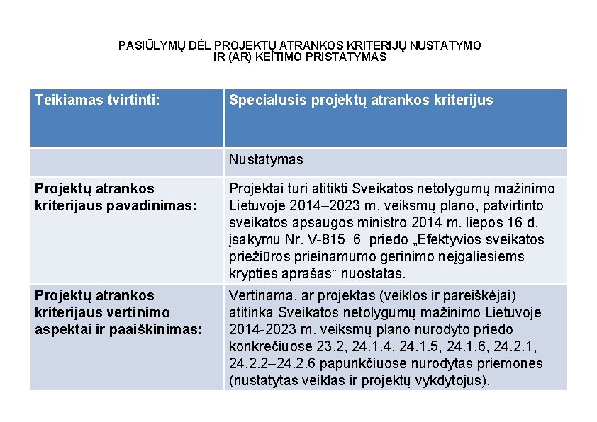 PASIŪLYMŲ DĖL PROJEKTŲ ATRANKOS KRITERIJŲ NUSTATYMO IR (AR) KEITIMO PRISTATYMAS Teikiamas tvirtinti: Specialusis projektų