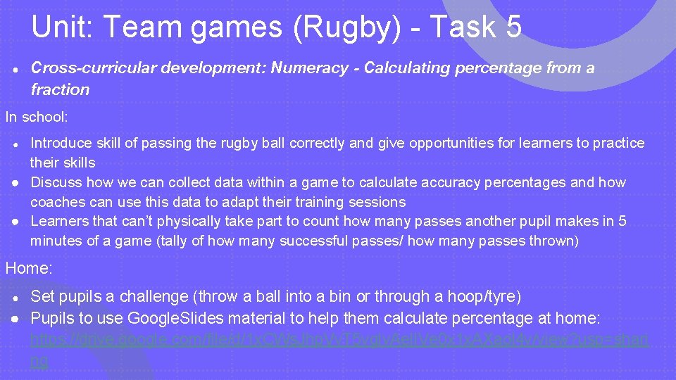 Unit: Team games (Rugby) - Task 5 ● Cross-curricular development: Numeracy - Calculating percentage