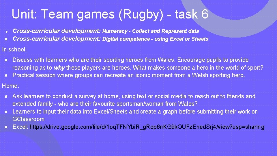 Unit: Team games (Rugby) - task 6 Cross-curricular development: Numeracy - Collect and Represent