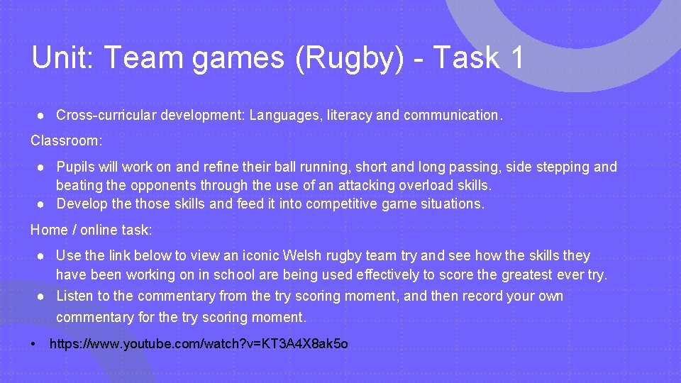 Unit: Team games (Rugby) - Task 1 ● Cross-curricular development: Languages, literacy and communication.