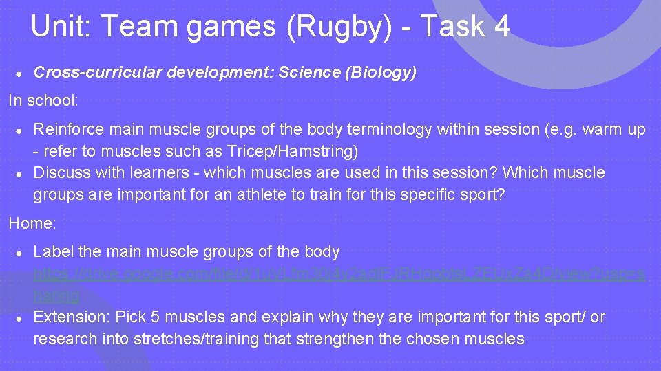 Unit: Team games (Rugby) - Task 4 ● Cross-curricular development: Science (Biology) In school: