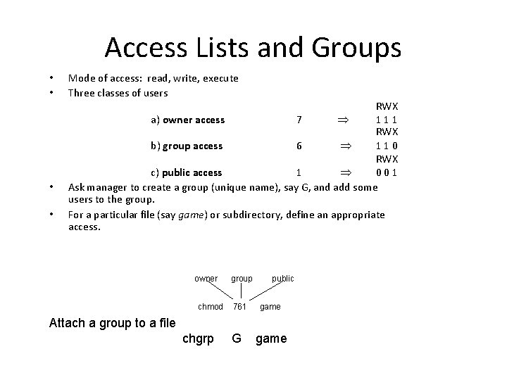Access Lists and Groups • • Mode of access: read, write, execute Three classes Access Lists and Groups • • Mode of access: read, write, execute Three classes