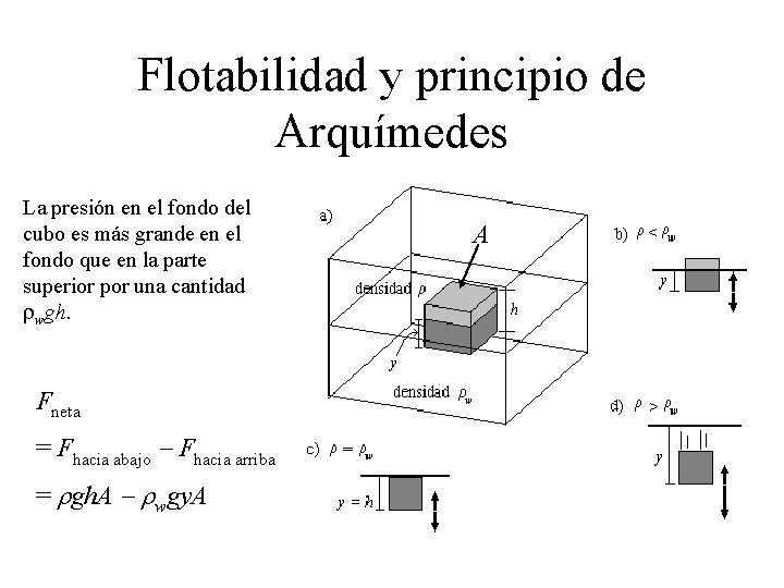 Flotabilidad y principio de Arquímedes La presión en el fondo del cubo es más