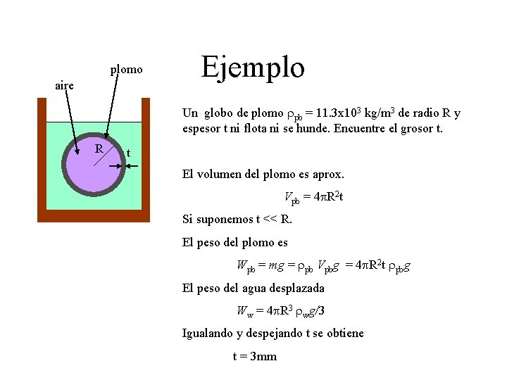 plomo aire Ejemplo Un globo de plomo rpb = 11. 3 x 103 kg/m