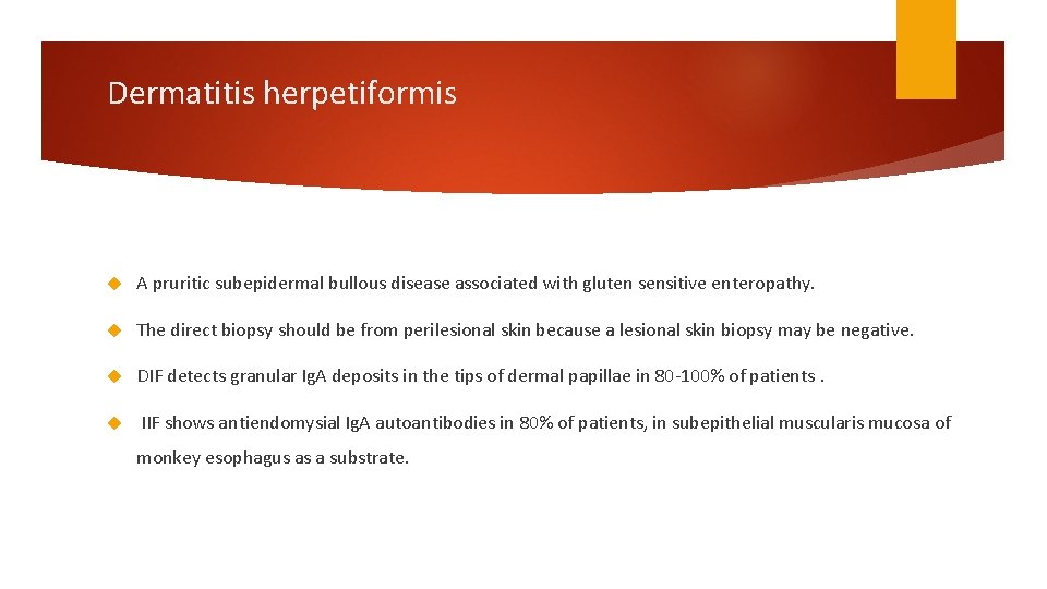 Dermatitis herpetiformis A pruritic subepidermal bullous disease associated with gluten sensitive enteropathy. The direct