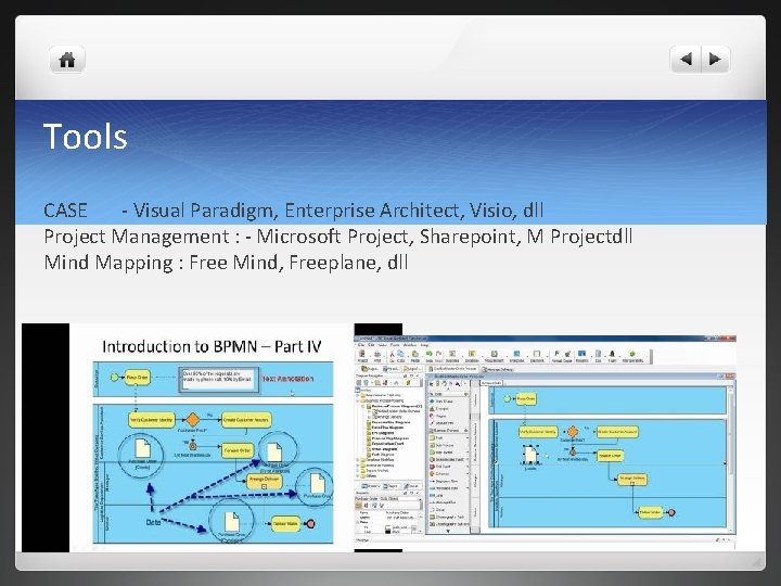 Tools CASE - Visual Paradigm, Enterprise Architect, Visio, dll Project Management : - Microsoft