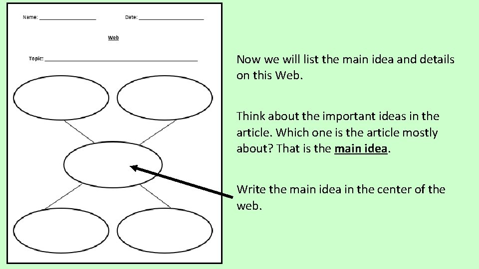 Now we will list the main idea and details on this Web. Think about Now we will list the main idea and details on this Web. Think about