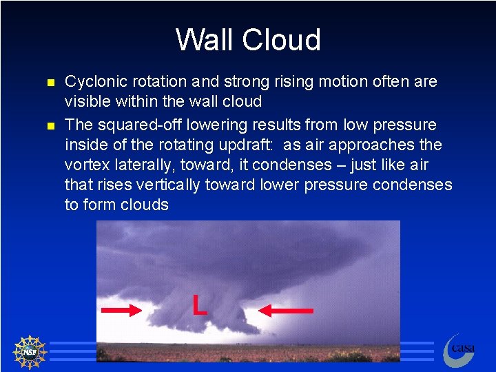 Wall Cloud n n Cyclonic rotation and strong rising motion often are visible within