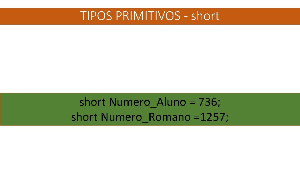 TIPOS PRIMITIVOS - short Numero_Aluno = 736; short Numero_Romano =1257; 