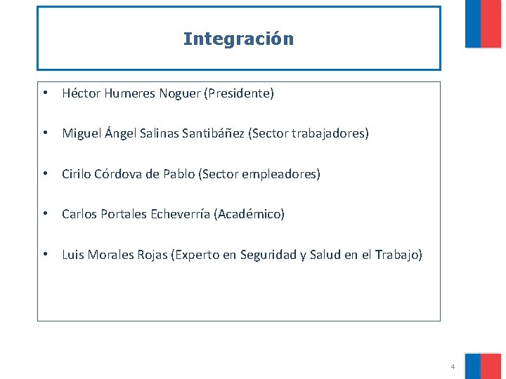 Integración • Héctor Humeres Noguer (Presidente) • Miguel Ángel Salinas Santibáñez (Sector trabajadores) •