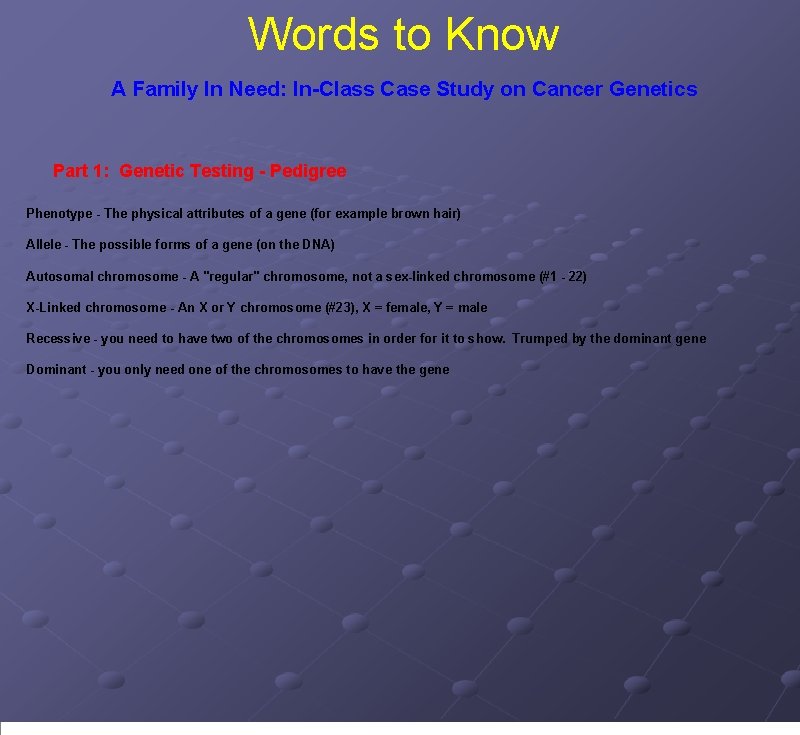 Words to Know A Family In Need: In-Class Case Study on Cancer Genetics Part