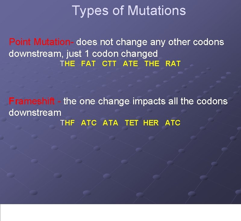 Types of Mutations Point Mutation- does not change any other codons downstream, just 1