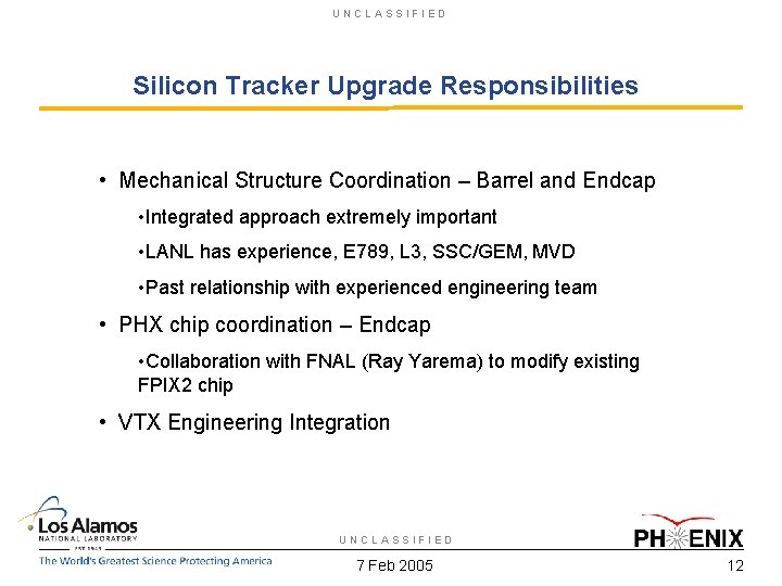 UNCLASSIFIED Silicon Tracker Upgrade Responsibilities • Mechanical Structure Coordination – Barrel and Endcap •