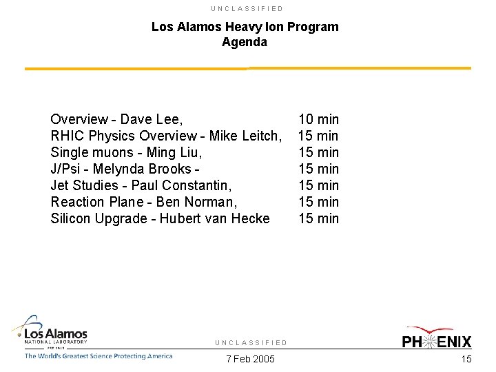 UNCLASSIFIED Los Alamos Heavy Ion Program Agenda Overview - Dave Lee, RHIC Physics Overview