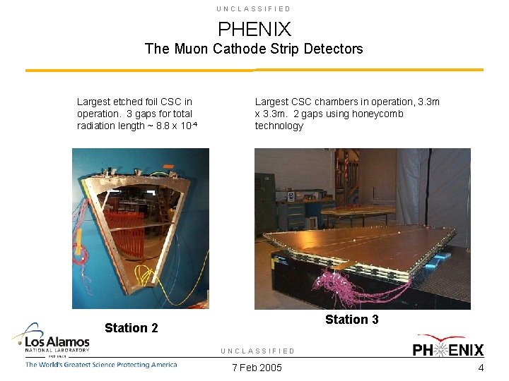 UNCLASSIFIED PHENIX The Muon Cathode Strip Detectors Largest etched foil CSC in operation. 3