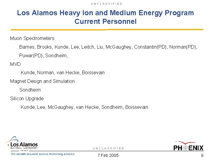 UNCLASSIFIED Los Alamos Heavy Ion and Medium Energy Program Current Personnel Muon Spectrometers Barnes,