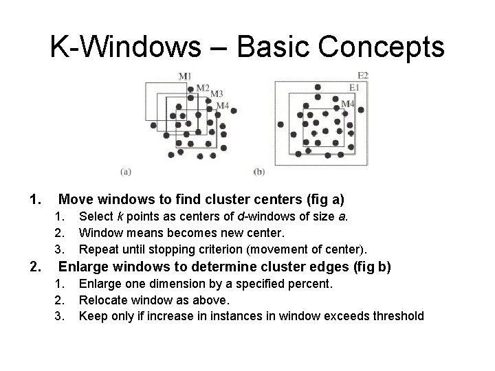 K-Windows – Basic Concepts 1. Move windows to find cluster centers (fig a) 1.
