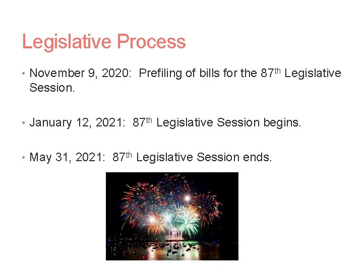 Legislative Process • November 9, 2020: Prefiling of bills for the 87 th Legislative
