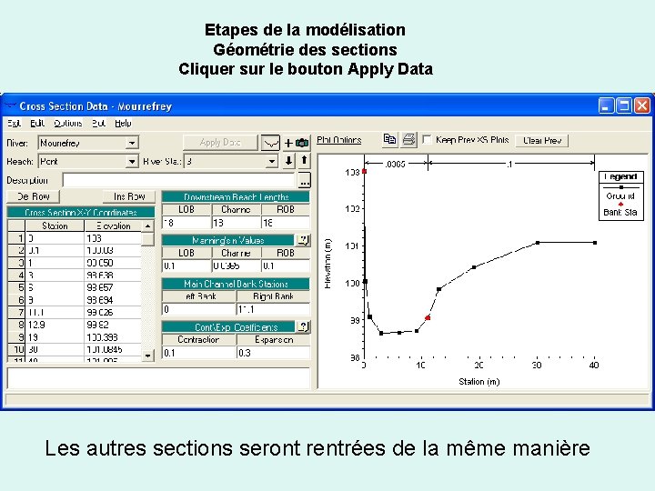 Etapes de la modélisation Géométrie des sections Cliquer sur le bouton Apply Data Les