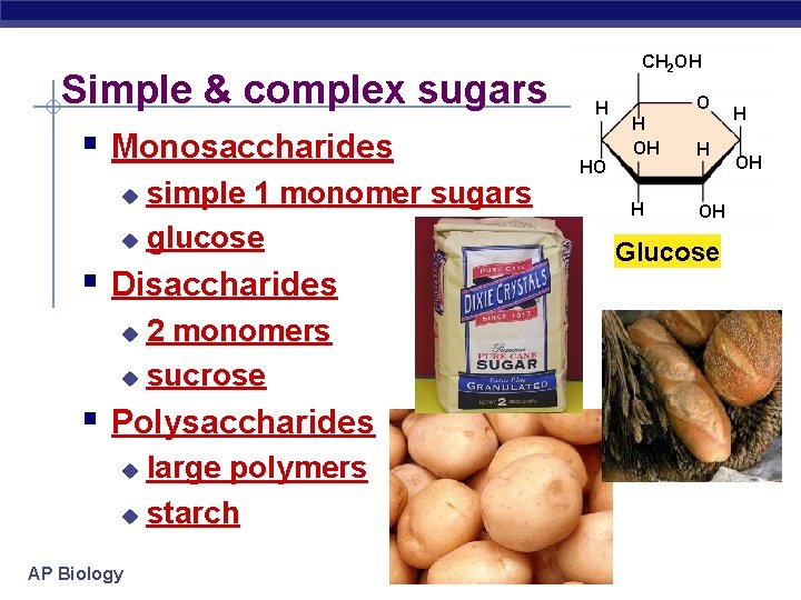 Simple & complex sugars § Monosaccharides simple 1 monomer sugars u glucose u §