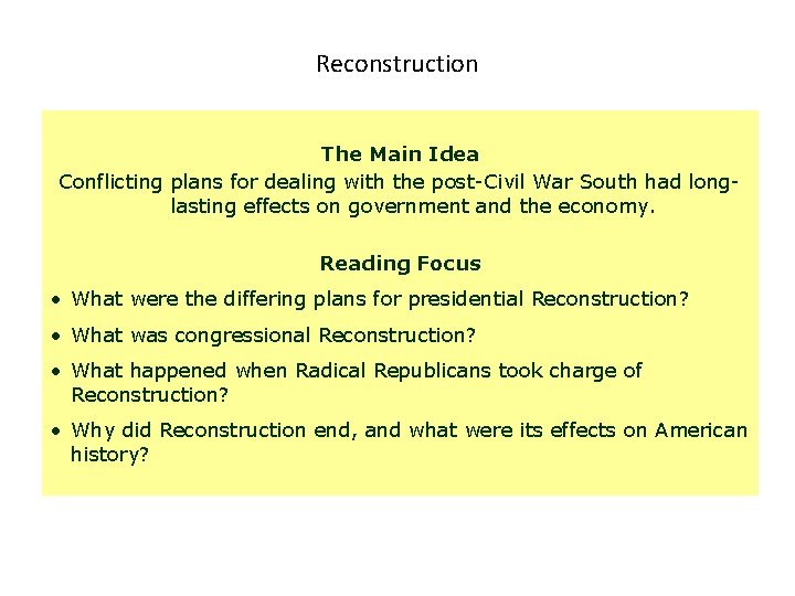 Reconstruction The Main Idea Conflicting plans for dealing with the post-Civil War South had
