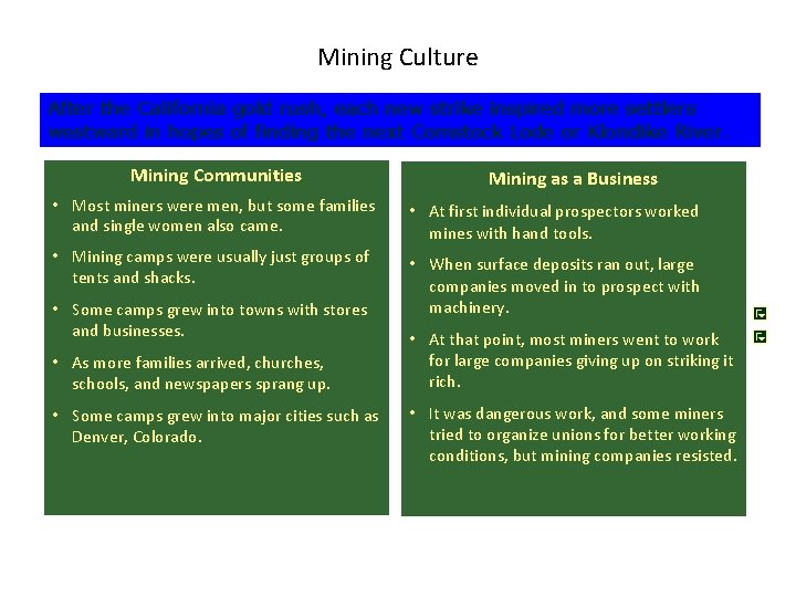 Mining Culture After the California gold rush, each new strike inspired more settlers westward