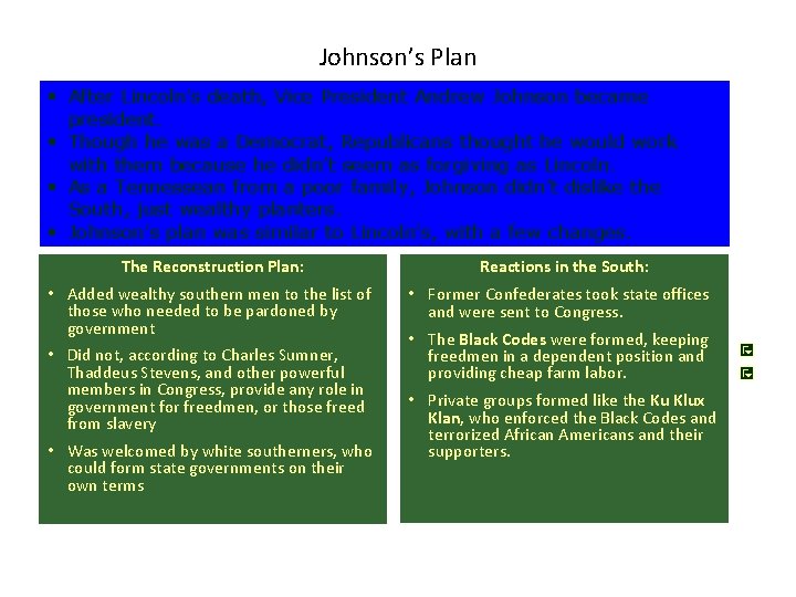 Johnson’s Plan • After Lincoln’s death, Vice President Andrew Johnson became president. • Though