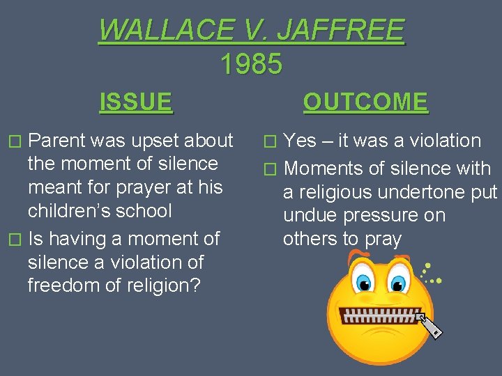 WALLACE V. JAFFREE 1985 ISSUE Parent was upset about the moment of silence meant