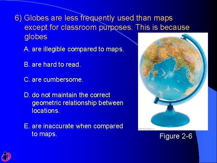 6) Globes are less frequently used than maps except for classroom purposes. This is