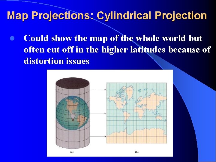 Map Projections: Cylindrical Projection l Could show the map of the whole world but