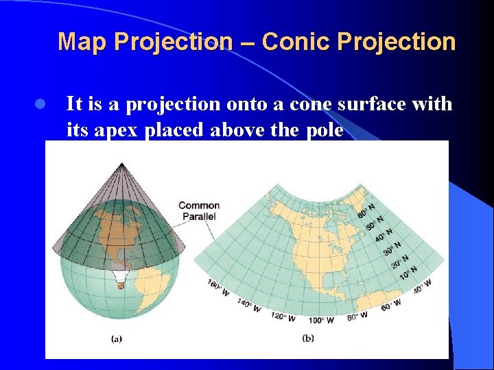 Map Projection – Conic Projection l It is a projection onto a cone surface