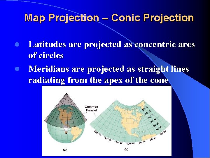 Map Projection – Conic Projection Latitudes are projected as concentric arcs of circles l