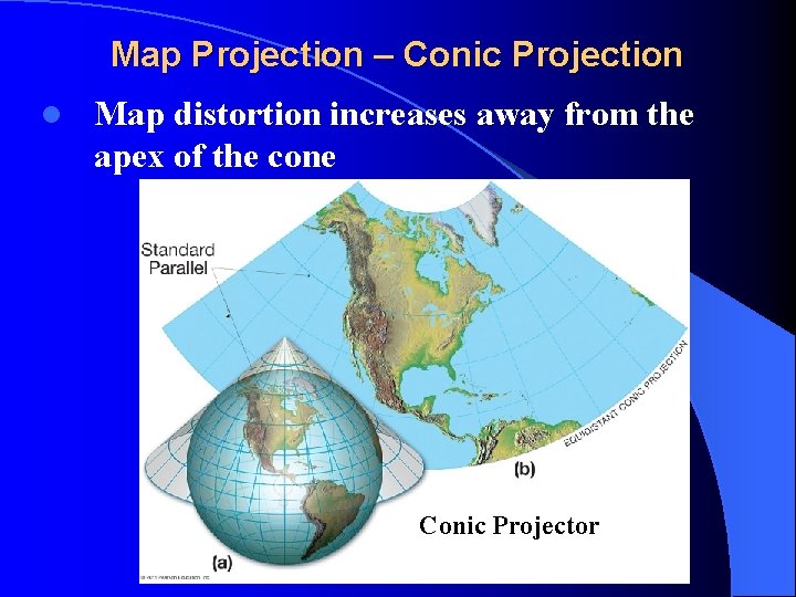 Map Projection – Conic Projection l Map distortion increases away from the apex of