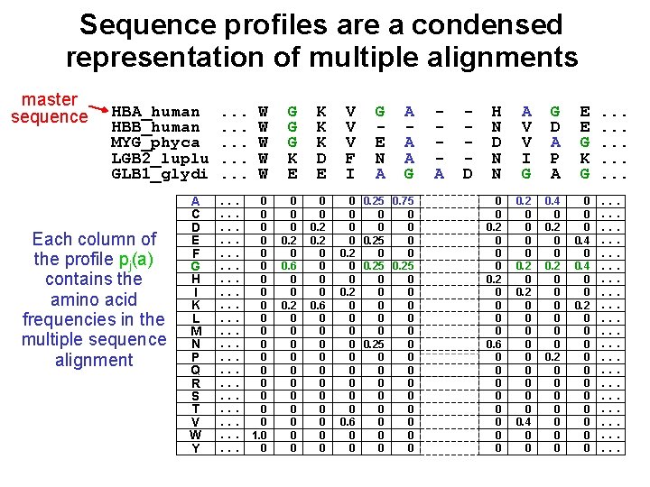 Sequence profiles are a condensed representation of multiple alignments master sequence HBA_human HBB_human MYG_phyca