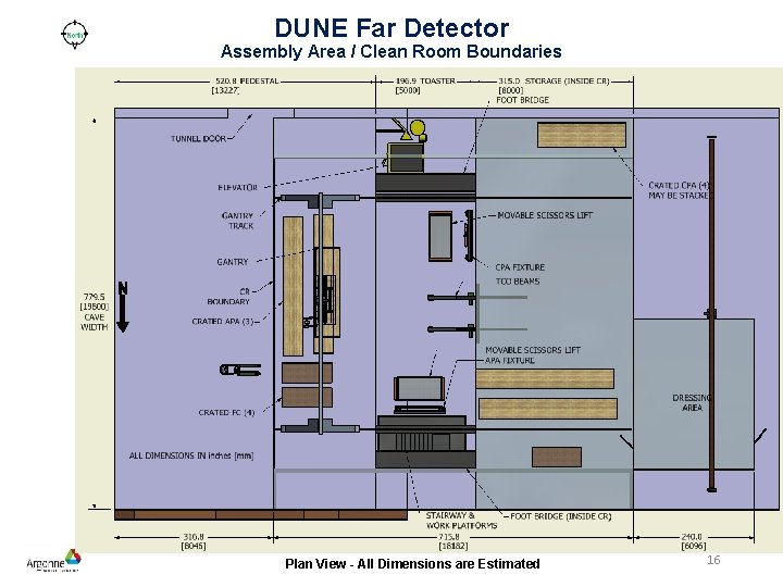 DUNE Far Detector Assembly Area / Clean Room Boundaries Plan View - All Dimensions