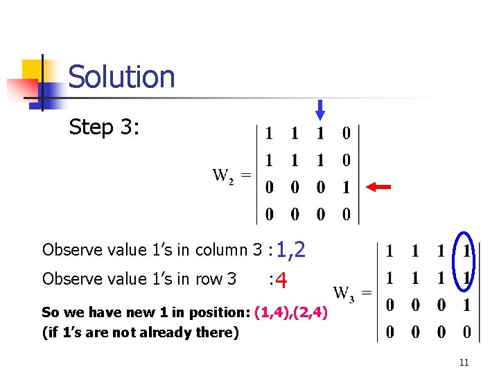 Solution Step 3: Observe value 1’s in column 3 : 1, 2 Observe value