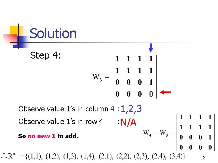 Solution Step 4: Observe value 1’s in column 4 : 1, 2, 3 Observe