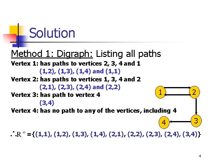 Solution Method 1: Digraph: Listing all paths Vertex 1: has paths to vertices 2,