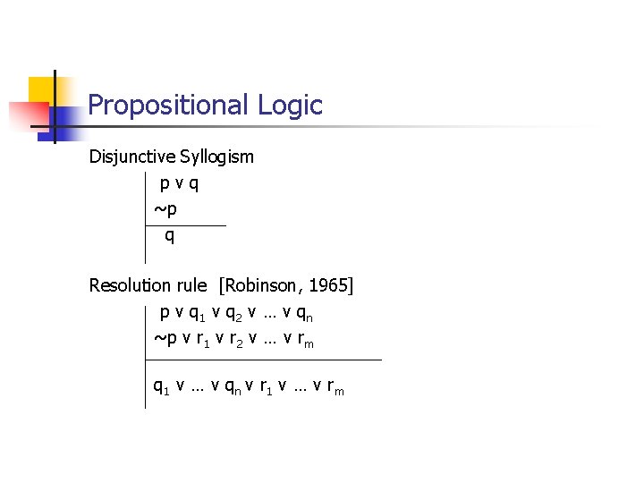 Propositional Logic Disjunctive Syllogism pvq ~p q Resolution rule [Robinson, 1965] p v q