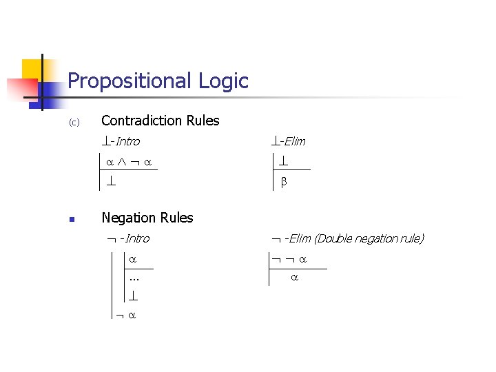 Propositional Logic (c) n Contradiction Rules -Intro Negation Rules -Intro … -Elim (Double negation