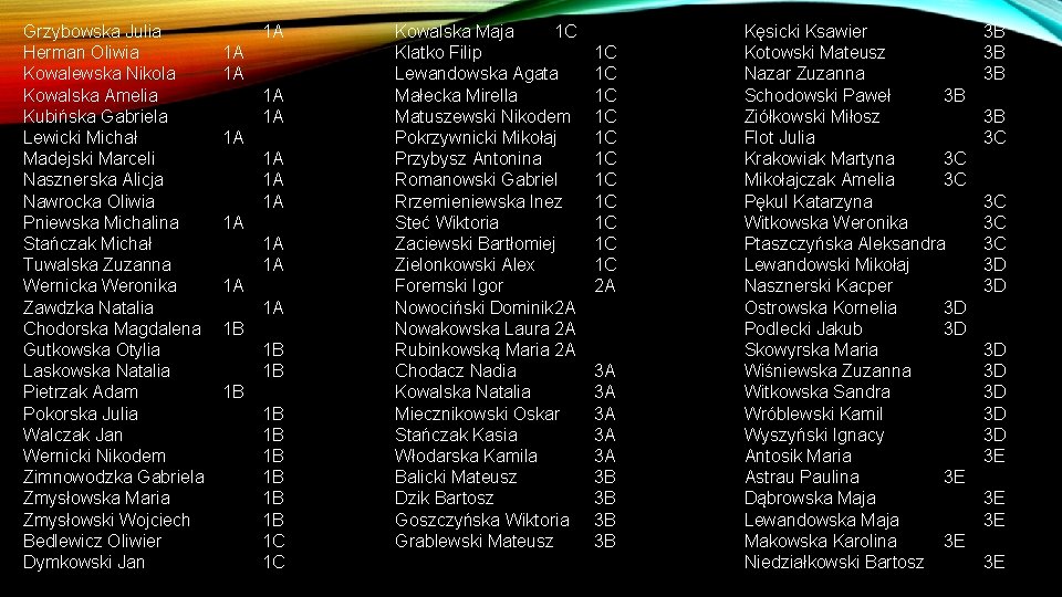 Grzybowska Julia Herman Oliwia Kowalewska Nikola Kowalska Amelia Kubińska Gabriela Lewicki Michał Madejski Marceli